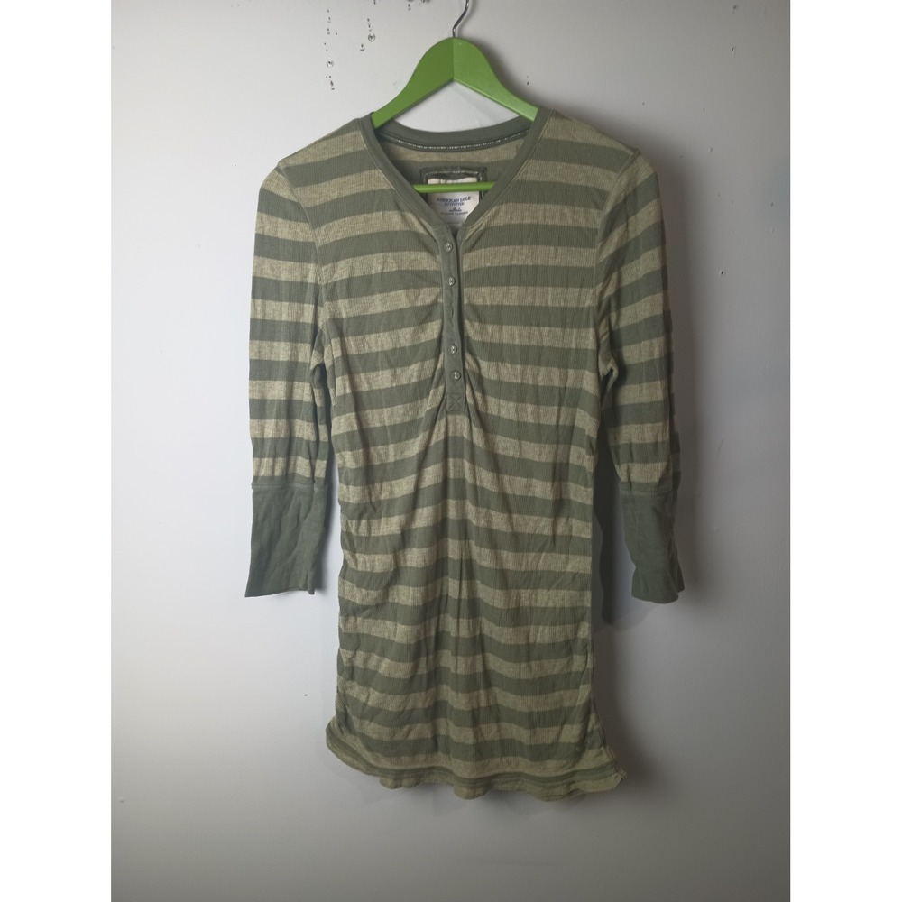 American Eagle Vintage Y2K Thermal Henley Striped Long Sleeve Green Tan Large